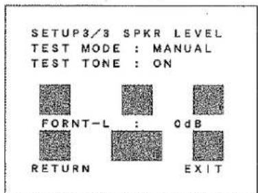 SETUP3/3 SPKR LEVEL TEST MODE : MANUAL TEST TONE : ON FORNT-L : 0 dB RETURN EXIT