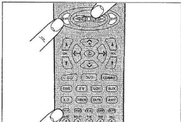 Diagram of a remote control with labeled buttons and function keys, showing hand positioning on the keypad.