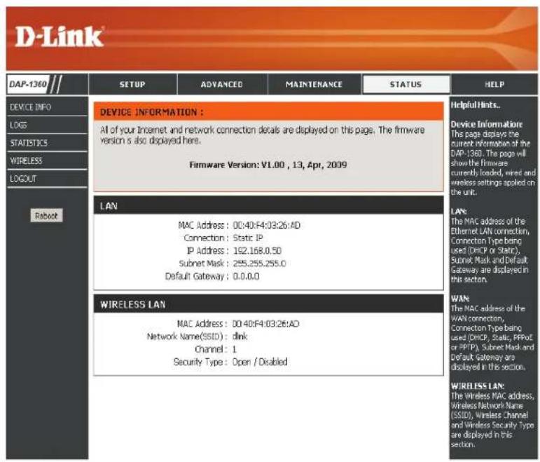 D-LINK DAP-1360 - Status Device Info - 1