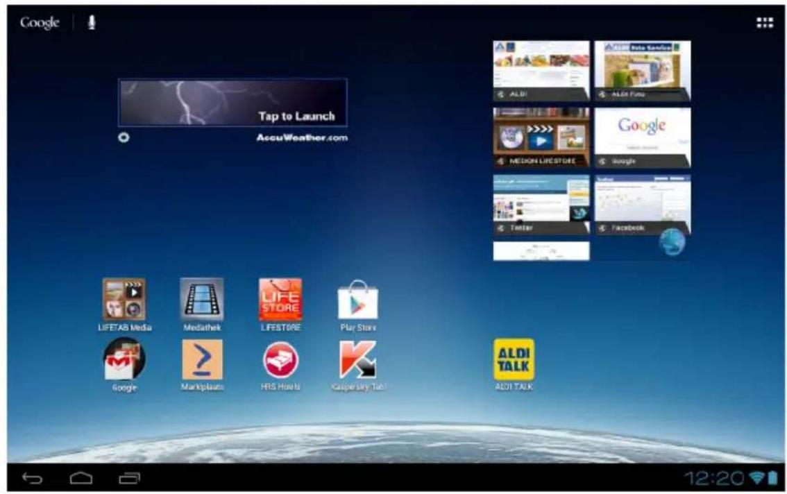 Google Tap to Launch AscuWeather.com LIFETAB Media Mediatek LIFESTORE Play Store Google Markplaats HRS Hotels KasperSky Hub! ALDI TALK 12:20