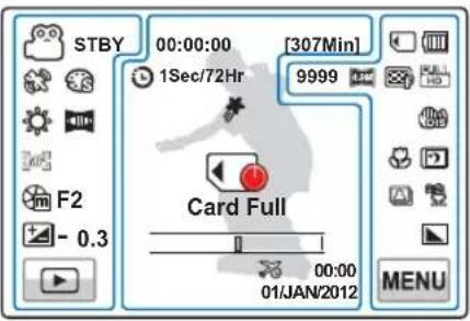 STBY 00:00:00 1Sec/72Hr [307Min] 9999 F2 - 0.3 Card Full 00:00 01/JAN/2012 MENU