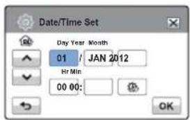 Date/Time Set Day Year Month 01 / JAN 2012 Hr Min 00 00: OK