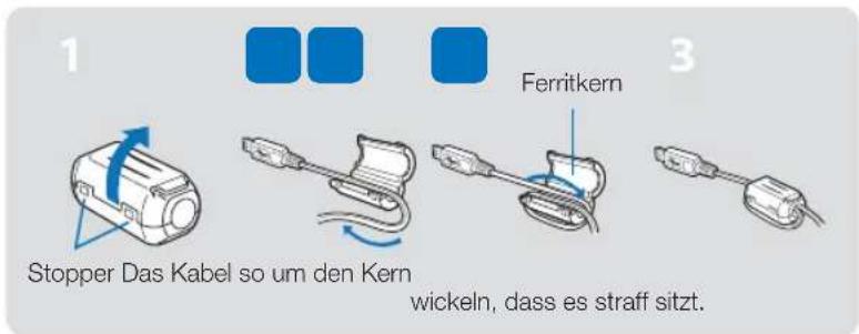 1 Stopper Das Kabel so um den Kern Ferritkern wickeln, dass es straff sitzt. 3