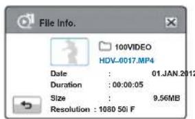 File Info: 100VIDEO HDV-0017.MP4 Date : 01.JAN.2012 Duration : 00:00:05 Size : 9.56MB Resolution : 1080 50i F