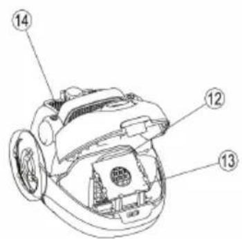 Technical diagram of a mechanical device with numbered parts labeled 12, 13, and 14