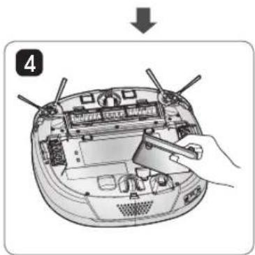 Diagram showing a hand operating a device with labeled parts and a downward arrow indicating action