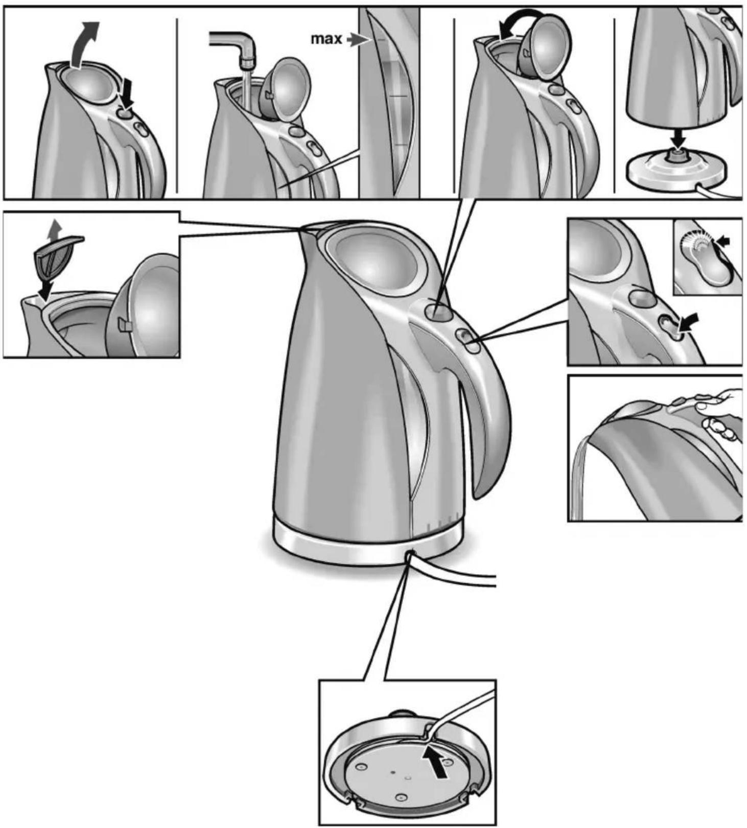 Illustration showing a kettle being opened with a lid, with steps and component details in Chinese.