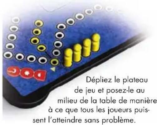 Dépliez le plateau de jeu et posez-le au milieu de la table de manière à ce que tous les joueurs puis- sent l'atteindre sans problème.