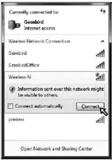 Currently connected to: Gembird Internet access Wireless Network Connection Gembird GembirdOffice Wireless-N Information sent over this network might be visible to others. Connect automatically Connect printers Open Network and Sharing Center