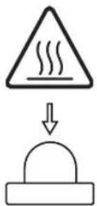 Warning symbol showing a warning triangle with 'sweating' inside and a downward arrow pointing to a dome-shaped object below it.