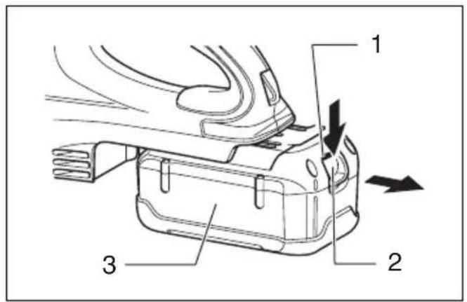 Technical diagram of a mechanical component with numbered parts and directional arrows indicating movement or force.
