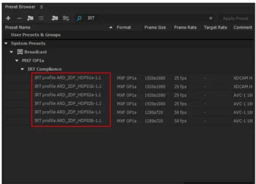 ADOBE Media Encoder CC - Applying an IRT preset to a media file - 1