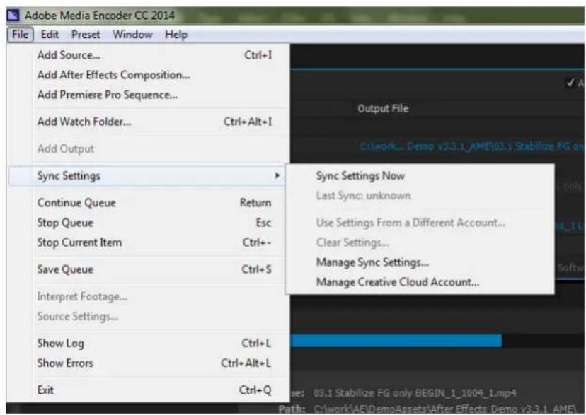 ADOBE Media Encoder CC - Sync settings - 1