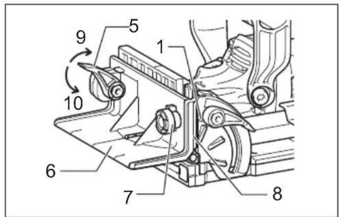 Technical diagram of a mechanical assembly with numbered components and directional arrows indicating motion or assembly.