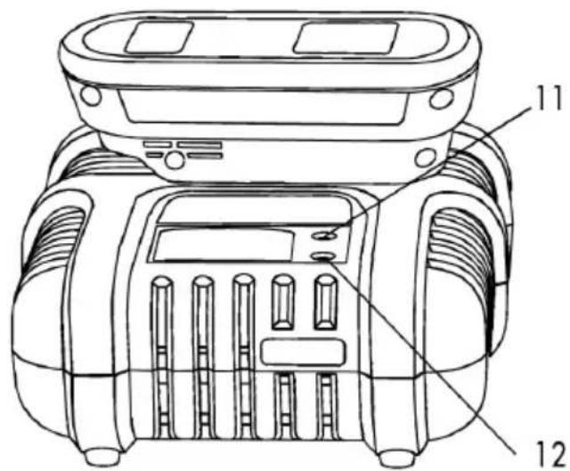 Technical diagram of a portable air conditioner unit with labeled parts 11 and 12