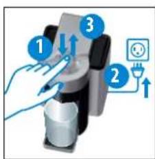 Diagram showing a hand pressing a cup into a device with three labeled steps and an electrical plug symbol