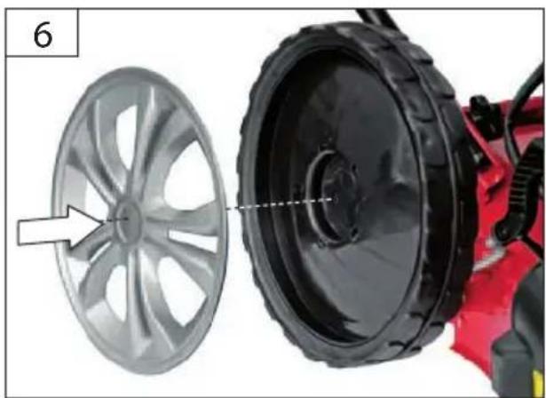 Close-up of a red tractor wheel rim and its side rotor, showing internal components and a white arrow indicating the blade (no text or symbols)