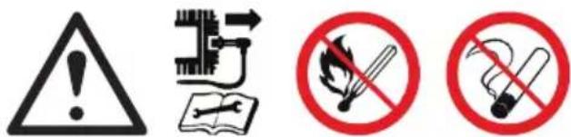Four safety and hazard symbols: warning triangle, circuit switch, cigarette with flame, and no-smoking light.