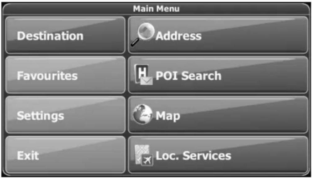 Main Menu Destination Address Favourites POI Search Settings Map Exit Loc. Services