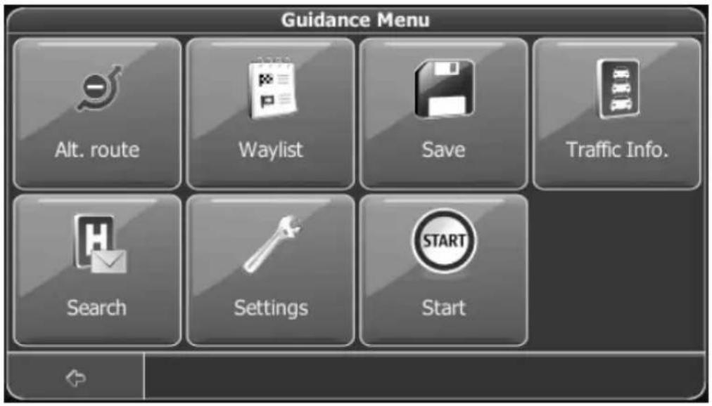 Guidance Menu Alt. route Waylist Save Traffic Info. Search Settings Start