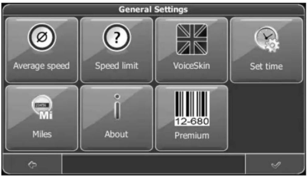 General Settings Average speed Speed limit VoiceSkin Set time Miles About 12-680 Premium