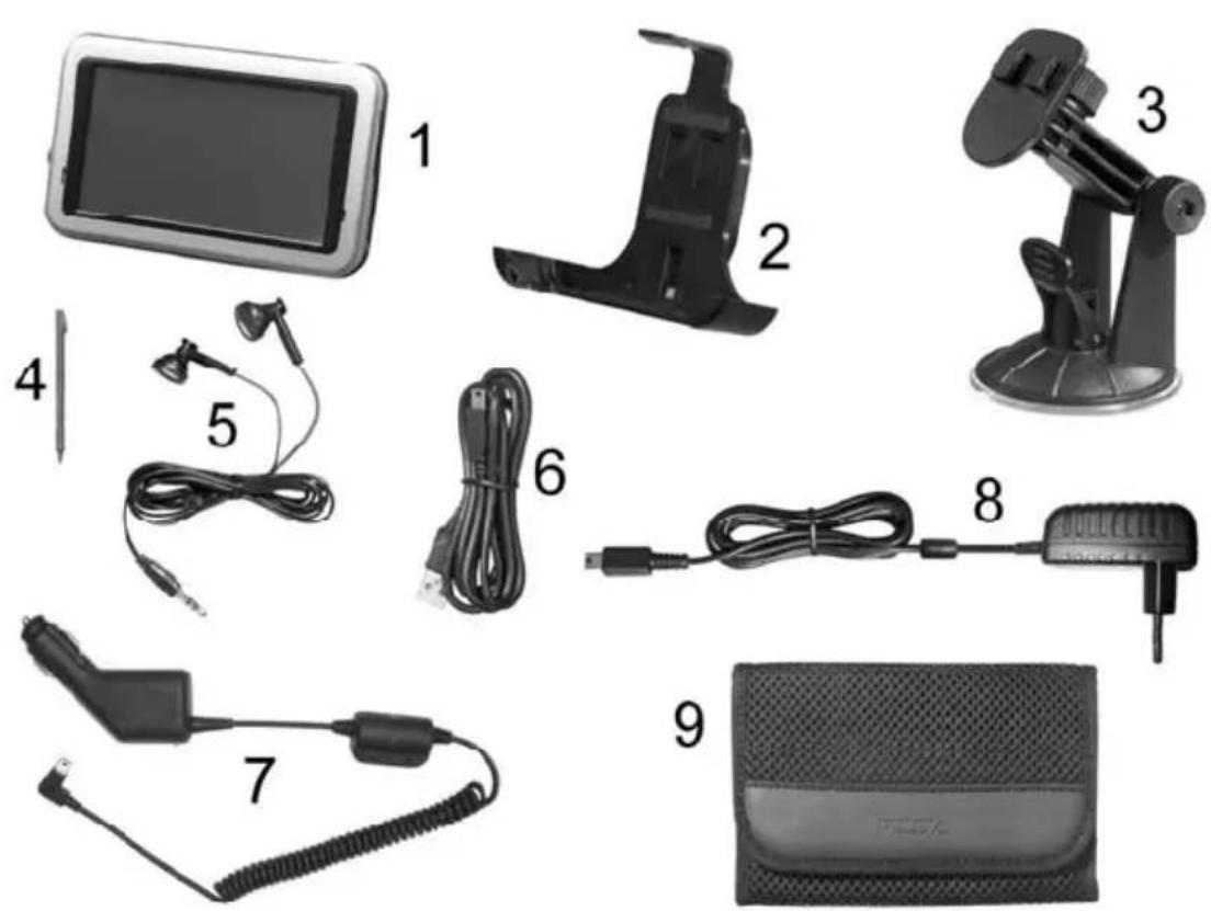 Labeled images of various electronic devices including a tablet, camera, and USB cable with numbered parts