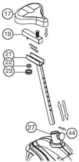 Christopeit EM 3 - Step 5: Installation of saddle (17) at saddle support (21) by using saddle slide (19). Installation of saddle support (21) at mainframe by using rapid action lock (44). - 1