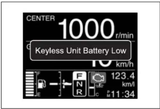 CENTER 1000 r/min Keyless Unit Battery Low 10 km/h F E NR C 123.4 km/l P M 11:34
