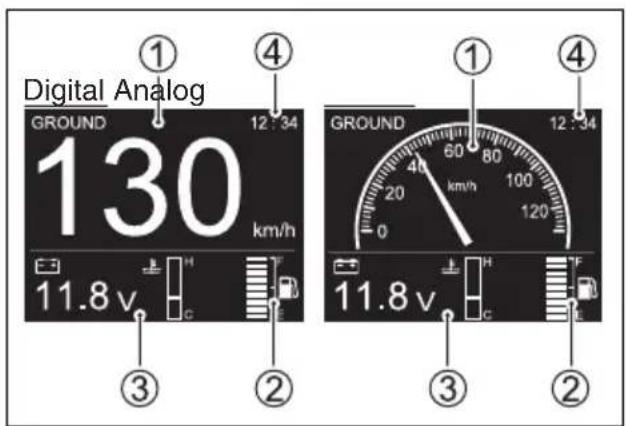 Digital Analog GROUND 130 km/h 11.8 v ① ④ GROUND 12:34 ③ ② ① ④ 12:34 60 80 40 20 100 120 0 11.8 v ③ ②
