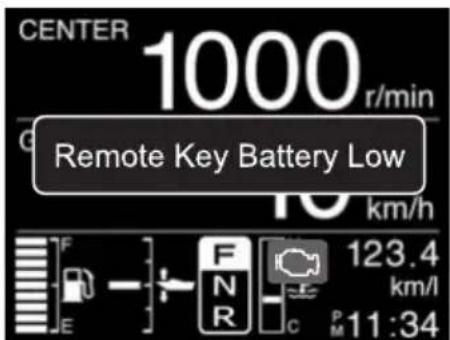 CENTER 1000 r/min Remote Key Battery Low 10 km/h F E F R 123.4 km/l P M 11:34