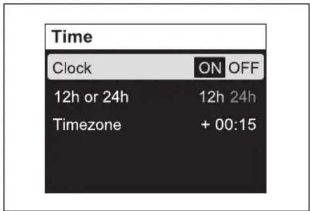 Time Clock ON OFF 12h or 24h 12h 24h Timezone + 00:15