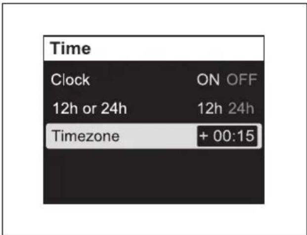 Time Clock ON OFF 12h or 24h 12h 24h Timezone + 00:15