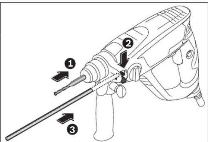 Technical diagram of a drill bit with numbered parts and directional arrows indicating tool path or movement