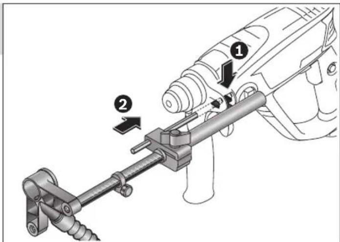 Technical diagram showing a drill bit with labeled components and directional arrows indicating motion or assembly.