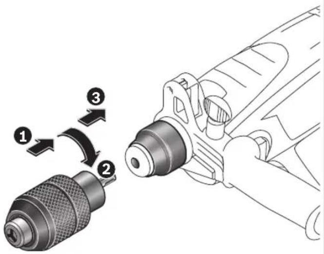 Technical diagram showing three labeled parts of a drill bit with directional arrows indicating motion or assembly.