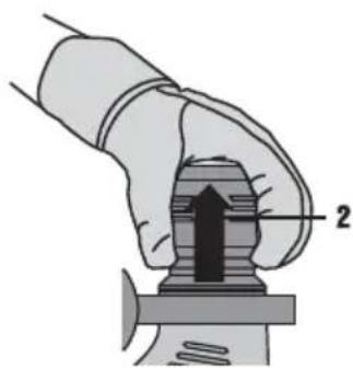 Illustration of a hand holding a mechanical component with a numbered label (2), no text or symbols present.