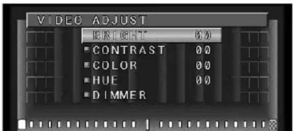 VIDEO ADJUST BRIGHT 00 CONTRAST 00 COLOR 00 HUE 00 DIMMER