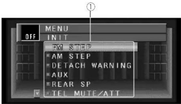 MENU OFF INIT PM STEP ■ AM STEP ■ DETACH WARNING ■ AUX ■ REAR SP ■ TEL MUTE/ATT
