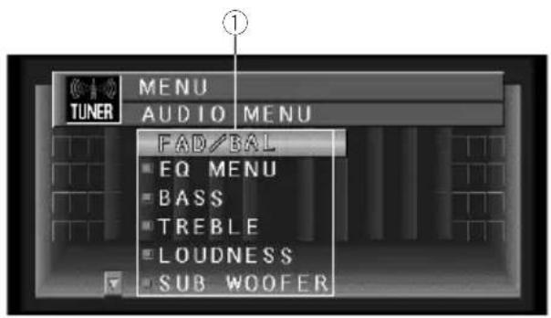 TUNER MENU AUDIO MENU FAD/BAL EQ MENU BASS TREBLE LOUDNESS SUB WOOFER