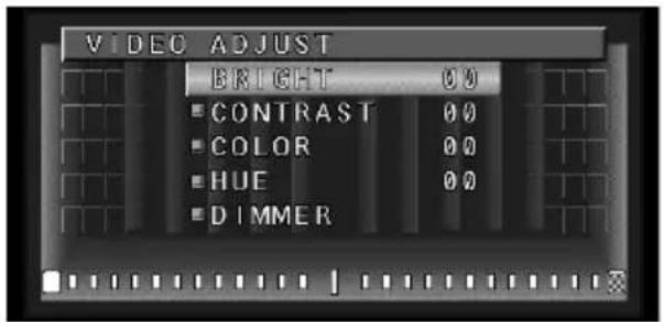 VIDEO ADJUST BRIGHT 00 CONTRAST 00 COLOR 00 HUE 00 DIMMER