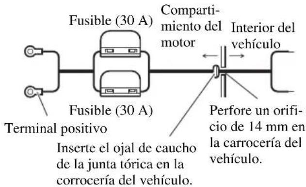 PIONEER GM-6000F - Pase el cable de batería desde el compartimiento del motor al interior del vehículo. - 1