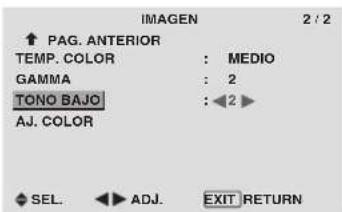 IMAGEN 2 / 2 ↑ PAG. ANTERIOR TEMP. COLOR : MEDIO GAMMA : 2 TONO BAJO : ◀2 ► AJ. COLOR SEL. ▶ ADJ. EXIT RETURN