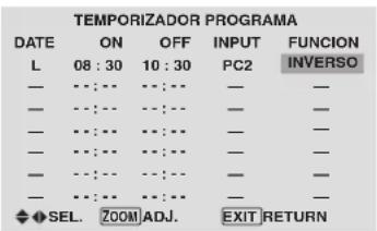 TEMPORIZADOR PROGRAMA DATE ON OFF INPUT FUNCTION L 08 : 30 10 : 30 PC2 INVERSO — ••:•• ••:•• — — — ••:•• ••:•• — — — ••:•• ••:•• — — — ••:•• ••:•• — — — ••:•• ••:•• — — SEL. ZOOM ADJ. EXIT RETURN