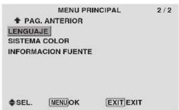 MENU PRINCIPAL 2 / 2 ◆ PAG. ANTERIOR LENGUAJE SISTEMA COLOR INFORMACION FUENTE ◆ SEL. MENU.OK EXIT EXIT