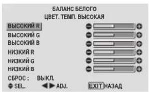 БАЛАНС БЕЛОГО ЦВЕТ. ТЕМП. ВЫСОКАЯ ВЫСОКИЙ Р ВЫСОКИЙ Г ВЫСОКИЙ В НИЗКИЙ Р НИЗКИЙ Г НИЗКИЙ В СБРОС : ВЫКЛ. SEL. ADJ. EXIT НАЗАД
