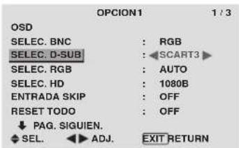 OPCION1 1 / 3 OSD SELEC. BNC : RGB SELEC. D-SUB : SCART3 SELEC. RGB : AUTO SELEC. HD : 1080B ENTRADA SKIP : OFF RESET TODO : OFF ↓ PAG. SIGUIEN. SEL. ADJ. EXIT RETURN