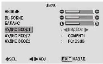 3BYK НИЗКИЕ ВЫСОКИЕ БАЛАНС АУДИО ВХОД1 АУДИО ВХОД2 АУДИО ВХОД3 : ВИДЕО2 : COMPNT1 : PC1DSUB SEL. ADJ. EXIT HA3AD