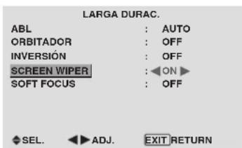 LARGA DURAC. ABL : AUTO ORBITADOR : OFF INVERSIÓN : OFF SCREEN WIPER : ON ▶ SOFT FOCUS : OFF SEL. ▶ ADJ. EXIT RETURN