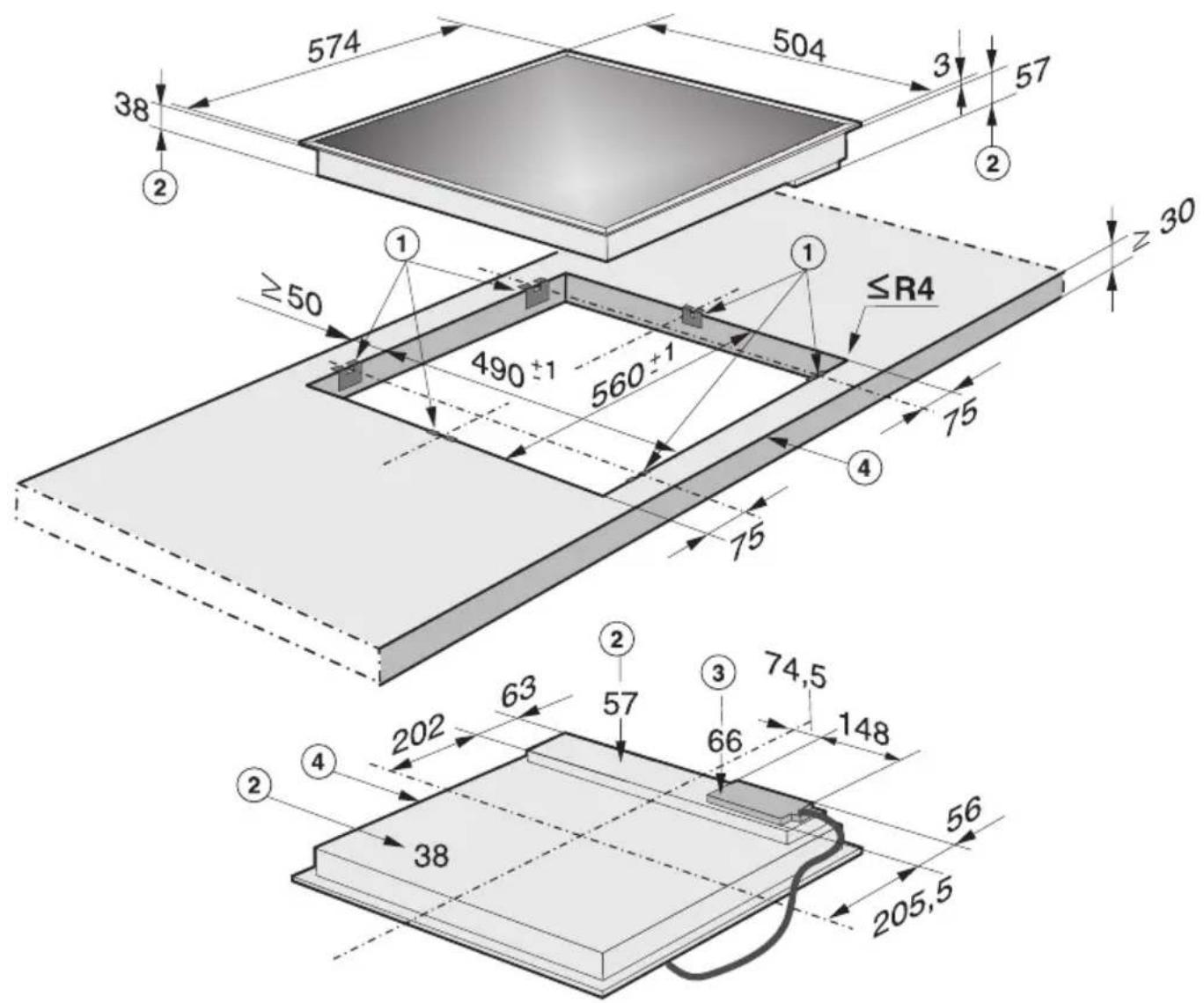 574 504 3 57 38 ② ≥50 490±1 560±1 ≤R4 75 75 202 63 57 ③ 74,5 148 205,5 56 ② ④ 38