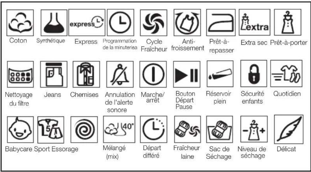 Coton Synthétique express Programmation de la minuteriea Cycle Fraîcheur Anti- froissement Prêt-à- repasser Extra sec Prêt-à-porter Nettoyage du filtre Jeans Chemises Annulation de l'alerte sonore Marche/ arrêt Bouton Départ Pause Réservoir plein Sécurité enfants Quotidien Babycare Sport Essorage Mélange (mix) Départ différé Fraîcheur laine Sac de Séchage Niveau de séchage Délicat